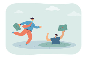 Sticker - Businessman running past drowning colleague. Business person with financial crisis asking for help flat vector illustration. Rivalry, bankruptcy, competition concept for banner or landing web page