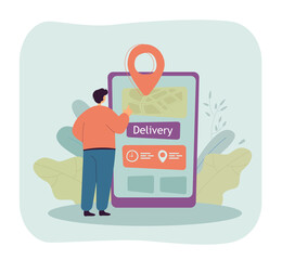 Wall Mural - back view of male customer shopping online on big cellphone. man ordering food or package via mobile