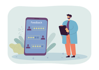 Wall Mural - application or service developer analyzing customer feedback. clients giving positive reviews to pro
