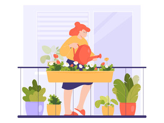 Sticker - Young cartoon woman watering flowers and green plants on balcony. Modern home garden, potted houseplants flat vector illustration. Gardening concept for banner, website design or landing web page