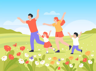 Wall Mural - Happy active family with kids running outdoors. Healthy man, woman and children exercising together flat vector illustration. Family, leisure, recreation, health concept for banner or website design