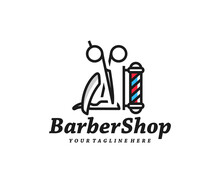 Barbershop Scissors And Razor Logo Design. Hairdressing Barber Salon Vector Design. Tools For Cutting Beard And Hair, Barber Shop Pole Logotype