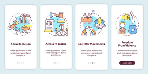 LGBT community programs onboarding mobile app screen. Walkthrough 4 steps editable graphic instructions with linear concepts. UI, UX, GUI template. Myriad Pro-Bold, Regular fonts used