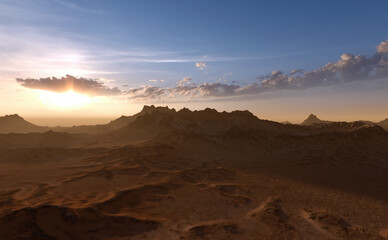 Wall Mural - Landscape with rock formations and sand at sunrise. 3D render.