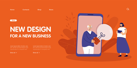 Elderly person giving lightbulb to woman through huge smartphone. Girl giving financial help to old man flat vector illustration. Banking, investment concept for banner or landing web page