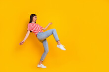 Full Body Profile Photo Of Satisfied Cheerful Person Enjoy Clubbing Partying Dance Isolated On Yellow Color Background