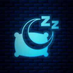 Sticker - Glowing neon Time to sleep icon isolated on brick wall background. Sleepy zzz. Healthy lifestyle. Vector