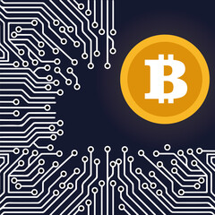 bitcoin coin on the background of electrical printed circuit