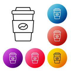 Sticker - Black line Coffee cup to go icon isolated on white background. Set icons colorful circle buttons. Vector