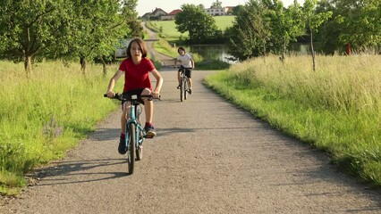 Poster - Cute happy children, brothers, riding bikes in the park on a sunny summer day, talking and laughing