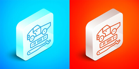 Poster - Isometric line Car theft icon isolated on blue and red background. Silver square button. Vector