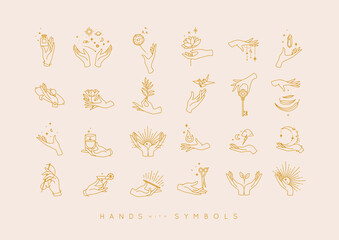 Hands in different positions with symbols and elements moon, sun, flowers, perfume, fire, cocktail, origami, key, stone, leaf, drawing in line style on light background.