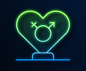 Poster - Glowing neon line Gender icon isolated on blue background. Symbols of men and women. Sex symbol. Vector