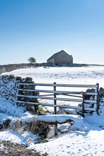 Snow Covered Field, Gate, Dry Stone Wall And Barn, Yorkshire Dales In Winter