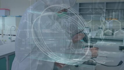 Wall Mural - Animation of globe, dna strand and data processing over diverse scientists in laboratory