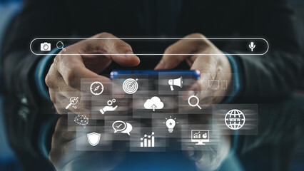 Wall Mural - business person working with digital device for manage search engine optimization : seo with social 