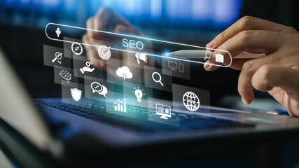 Wall Mural - business person working with digital device for manage search engine optimization : seo with social 