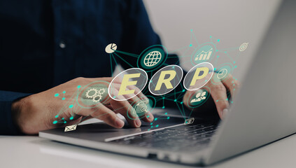 Fototapete - An IT manager examines the ERP (Enterprise Resource Planning) architecture: ERP, enterprise resource planning Productivity and improvement concept.