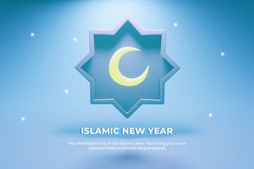 Sticker - 1444 Hijri Islamic new year. Happy Muharram. Muslim community festival Eid al ul Adha Mubarak greeting card with 3d crescent moon. Template for menu, invitation, poster, banner, card.