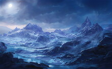Fantastic Winter Epic Landscape Of Mountains. Celtic Medieval Forest. Frozen Nature. Glacier In The Mountains. Mystic Valley. Artwork Sketch. Gaming RPG Background. Dark Canyon. Day And Night