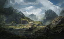 Fantastic Epic Magical Landscape Of Mountains. Summer Nature. Mystic Valley, Tundra. Gaming Assets. Celtic Medieval RPG Background. Rocks And Canyon. Beautiful Sky With Clouds. Lakes And Rivers