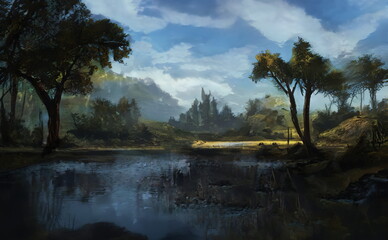 Wall Mural - Fantastic Epic Magical Landscape of Mountains. Summer nature. Mystic Valley, tundra. Gaming assets. Celtic Medieval RPG background. Rocks and canyon. Beautiful sky with clouds. ruins of an old castle 