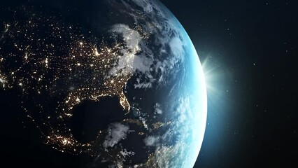 cinematic view from a satellite orbit of the planet. the sun rises over the north american continent