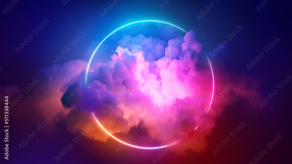 3d render, colorful neon ring glowing inside the stormy cloud on the ...