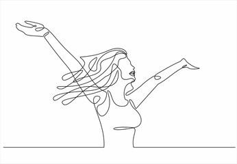 Continuous line art or One Line Drawing of a woman stretching arms is relaxing picture vector illustration