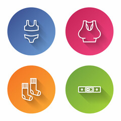 Sticker - Set line Swimsuit, Undershirt, Socks and Belt. Color circle button. Vector