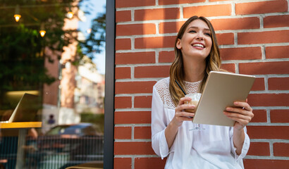 Wall Mural - People tablet work connection technology concept. Happy woman using digital tablet .