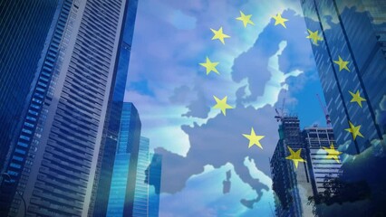 Wall Mural - Animation of european union flag and map over cityscape