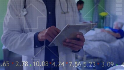 Canvas Print - Animation of data processing over caucasian doctor with patient