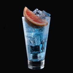 Wall Mural - Blue lagoon cocktail with Blue Curacao liqueur in a tall glass isolated on black background. Classic alcoholic cocktail