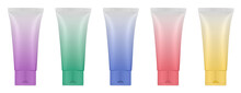 Set Of Multicolored Gradient Tubes. 3d Mockup. Rainbow Palette. Purple, Blue, Green, Yellow And Red Colors. Hand Cream, Mask Or Lotion. Professional Shampoo. Plastic Bottle.