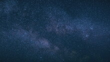 Dark Night Starry Sky With Glowing Stars. Bright Glow Of Sky Stars And Milky Way Galaxy. 4K. Natural Background Backdrop.