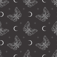 Wall Mural - seamless dark celestial pattern with stars, crescents and moth on a black. butterfly illustration. e