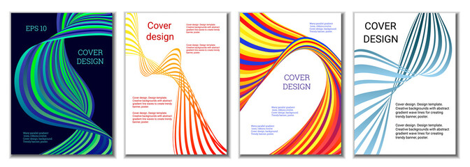 A set of 4 abstract covers. Wavy parallel gradient lines, ribbons evolve. Cover design, background. Trendy banner, poster.