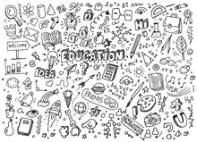 Different Education Doodles, Vector Hand Drawn Illustration On White Paper