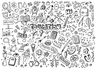 Different education doodles, vector hand drawn illustration on white paper