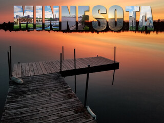 Wall Mural - Text collage of Minnesota images over a lake and dock at sunset