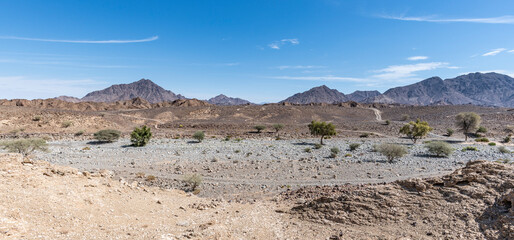 Panoramic view of dry Mountains located in the Ras Al Khaimah Emirates, United Arab Emirates (UAE), Middle East