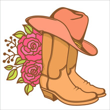 Cowboy Boots With American Traditional Ornate And Roses Floral Decor. Outline Vector Illustration Isolated On White For Print