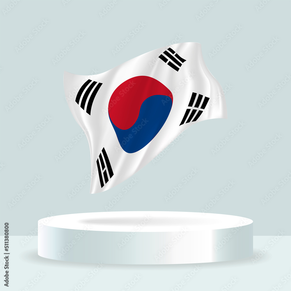 South Korea flag. 3d rendering of the flag displayed on the stand. Waving flag in modern pastel colors. Flag drawing, shading and color on separate layers, neatly in groups for easy editing.