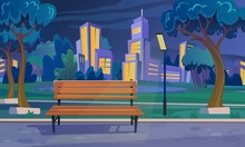 An Empty Bench On A Summer Night In A Park With A Lake And A City View