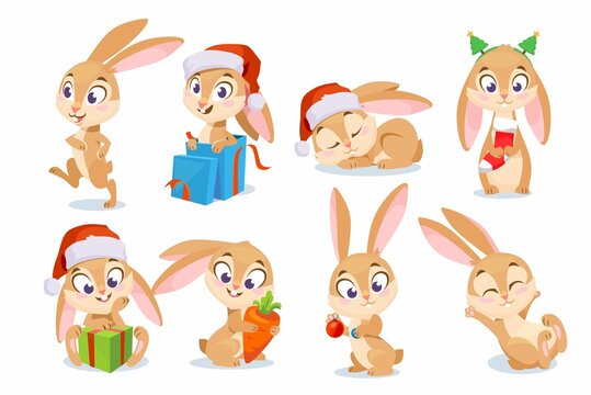 Wall Mural - Big set of Christmas and New Year rabbits. Cute characters in a Christmas hat and stocking, in a gift box, with a present, carrot, and tree ornaments. Vector illustration isolated on white background.
