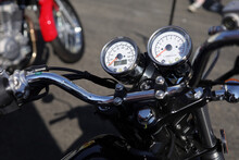 Detail Of Motorbike And Motorcycle - Handlebar And Speedometer. Shallow Focus And Very Low Depth Of Field.