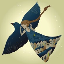 A Sleeping Girl With Red Hair Braided In A Braid Flies On The Back Of A Huge Dark Blue Bird. The Girl's Blue Dress Represents A Night City With Houses. Mysterious And Fabulous Illustration