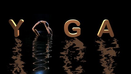 Athlete woman and brown 3D text Yoga is reflecting on the surface of the water on black background. Computer graphics animation with geometric word. Motion design for poster for gym, sports sections.