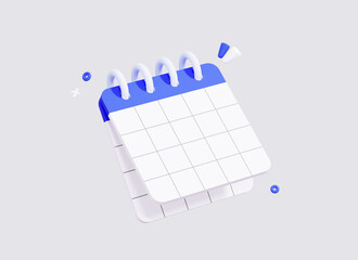 3D Note or calendar. Minimal creative design. Note book. White grid paper with empty copy space for text or date. Plan concept. Cartoon realistic icon isolated on white background. 3D Rendering